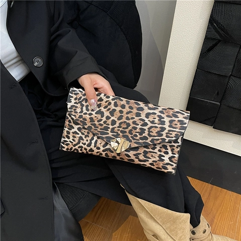 Pochette a Busta con Stampa Leopardata da Donna in Pelle PU Borsa a Mano alla Moda per Feste con Finiture Dorate