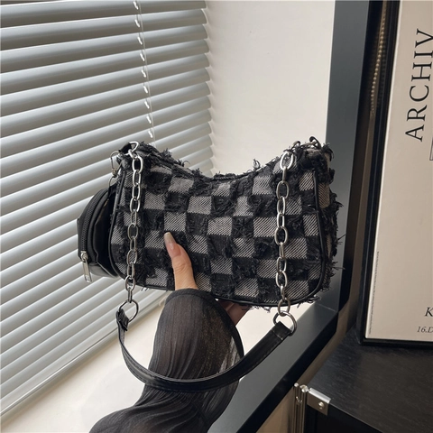 Vintage Denim Checkerboard Star Underarm Bag For Women Frayed Edge Shoulder Bag With Chain And Small Round Coin Pouch Fashion Bag