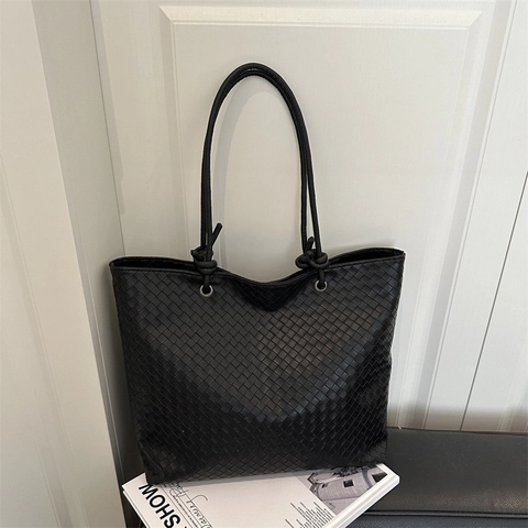 Large Capacity Woven PU Leather Tote Bag For Women Vintage Simple Solid Color Shoulder Underarm Handbag With Knot Detail