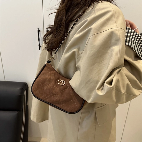 Vintage Suèdine Gewatteerde Underarm Bag Voor Vrouwen Mode Kettingriem Hobo Crossbody Tas Effen Kleur Woon-werkverkeer Handtas