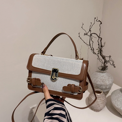 Bolso Bandolera de Lona y PU con Costuras en Contraste para Mujer Bolso de Mano Cuadrado Vintage Bolso de Hombro de Moda