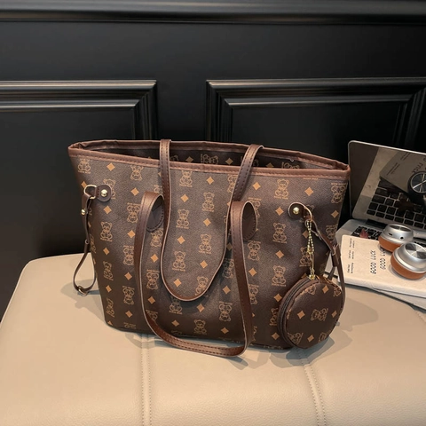 Mode Bär Druck Große Kapazität Tote Bag Für Damen PU Leder Set Mit Geldbörse Casual Schultertasche Handtasche Street Style