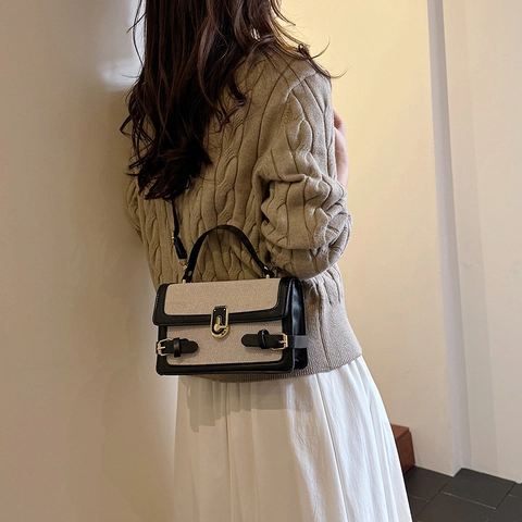 Bolso Bandolera de Lona y PU con Costuras en Contraste para Mujer Bolso de Mano Cuadrado Vintage Bolso de Hombro de Moda