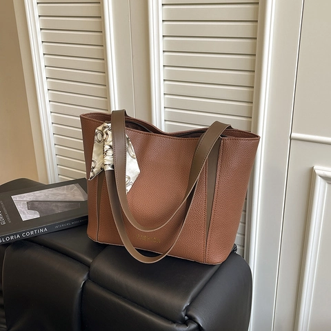 Borsa Tote da Donna Grande Capacità in Pelle PU con Texture Litchi e Foulard in Seta Borsa a Tracolla alla Moda per Lavoro