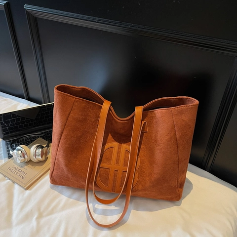 Borsa Tote in Camoscio di Grande Capacità da Donna Vintage Borsa a Tracolla Minimalista Con Cuciture Geometriche Quotidiana