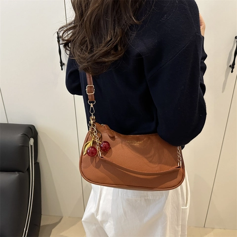 Women Litchi Pattern PU Leather Underarm Bag Cherry Charm Contrast Color Minimalist Commuter Crossbody Shoulder Bag
