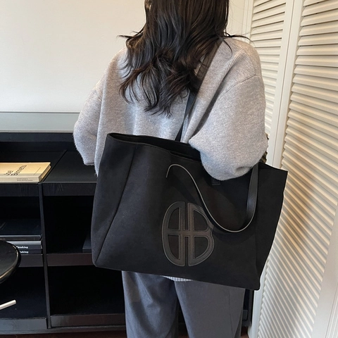 Borsa Tote in Camoscio di Grande Capacità da Donna Vintage Borsa a Tracolla Minimalista Con Cuciture Geometriche Quotidiana
