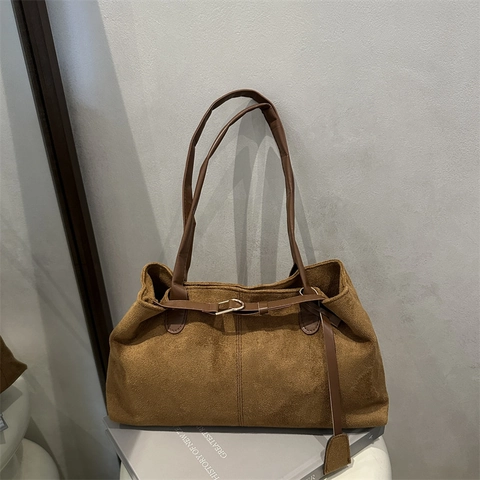Women's Retro Matte Faux Suede Tote Shoulder Bag Large Capacity Solid Color Handbag With Belt Buckle For Daily Commuting