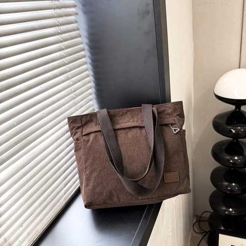 Bolso Tote de Pana para Mujer Gran Capacidad Bolso de Hombro Casual Conmutar Bolso de Mano Color Sólido Mochila Escolar Retro Rayas