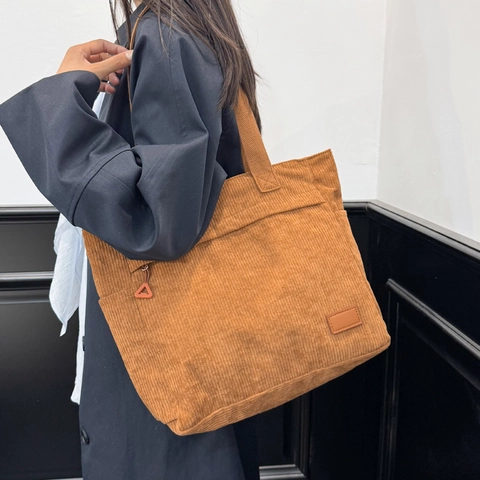 Bolso Tote de Pana para Mujer Gran Capacidad Bolso de Hombro Casual Conmutar Bolso de Mano Color Sólido Mochila Escolar Retro Rayas