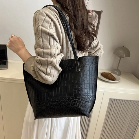 Dames Vintage Krokodillenpatroon Grote PU Leren Tote Bag Eenvoudige Schoudertas Voor Dagelijks Kantoorgebruik