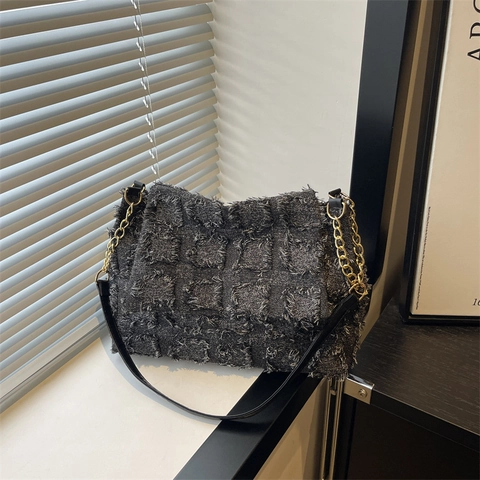 Bolso de Bandolera de Tweed a Cuadros para Mujer Con Correa de Cadena de Metal Dorado Bordes con Flecos Gran Capacidad Bolso de Hombro Cuadrado
