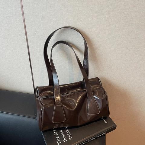 Retro Glänzend PU Leder Baguette Schultertasche Für Damen Vintage Unterarmtasche Fashion Handtasche Reißverschluss Tote