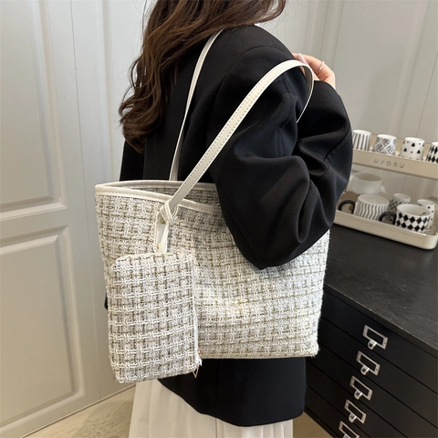 Elegantes Tweed Tragetaschen Set Für Damen Große Kapazität Karierte Gewebte Schultertasche Mit Mini Beutel PU Leder Riemen Mode Handtasche
