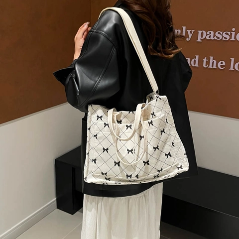 Damen Kord Einkaufstasche Große Kapazität Schulterhandtasche Vintage Schleife Rhombus Muster Gitter Pendler Vielseitige Tasche