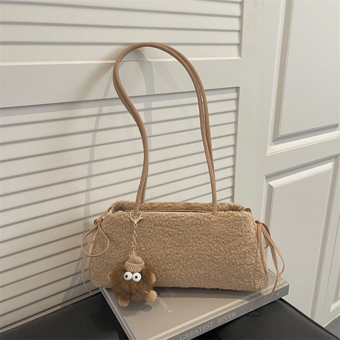 Borsa Tote in Peluche da Donna Borsa Sottoascellare in Lana d'Agnello Con Ciondolo Mostro Fiocco Borsa a Tracolla Morbida Invernale