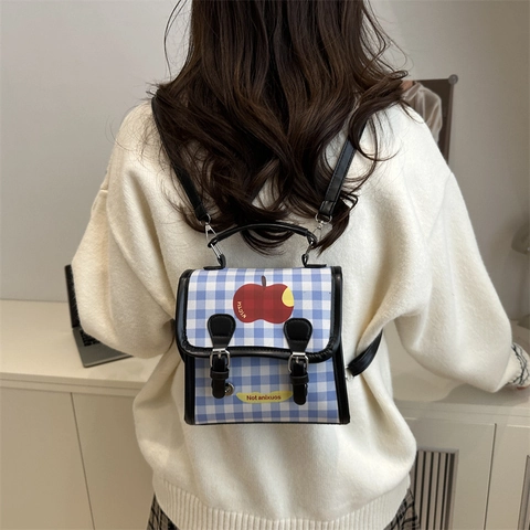Zaino a Quadretti Plaid Donna Mini Stampa Mela Pelle PU Borsa Spalla Casual Studente Cartella Street Trend Fashion Bag