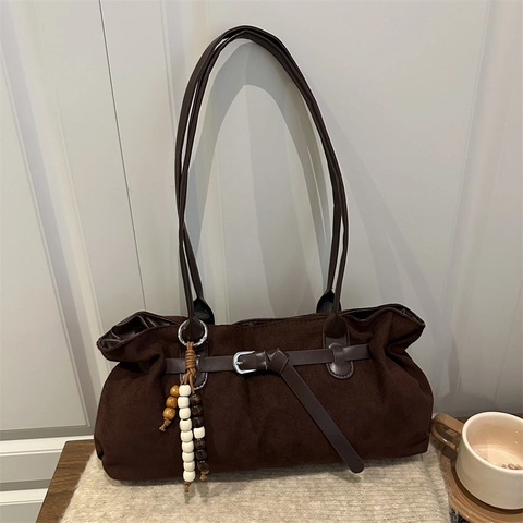 Borsa Tote da Donna in Scamosciato Sintetico Grande Capacità Pieghettata con Charm Perline Legno Borsa a Spalla Retro Ufficio