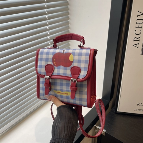 Mini Sac à Dos Doux à Carreaux Gingham pour Femmes Cuir PU Motif Pomme Style Coréen Frais Sac à Main Campus Sac de Voyage Mode