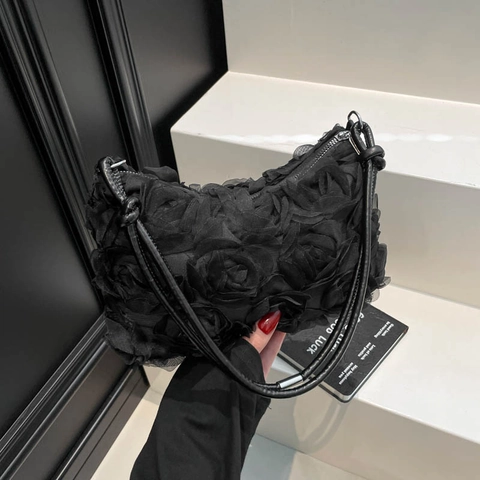 Borsa Sottobraccio da Donna alla Moda con Fiori di Rosa 3D Elegante Borsa a Tracolla in Tessuto Mesh Dolce Borsa Floreale per Festa Quotidiana