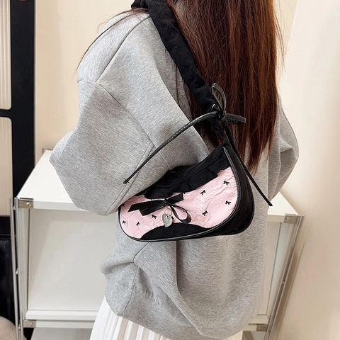 Sweet Gingham Denim Patchwork Underarm Bag Women Lace Bow Retro Small Square Shoulder Bag For Girls Casual Handbag