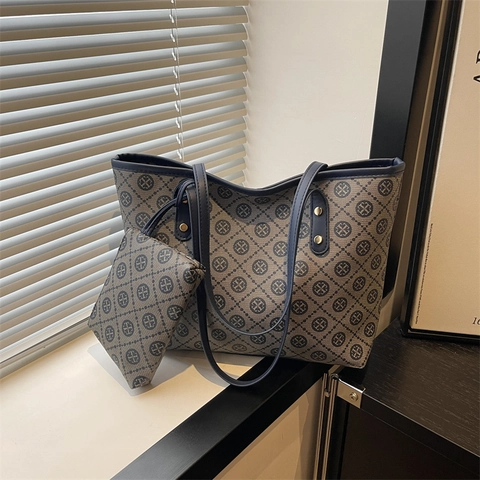 Borsa Tote Donna Con Stampa Monogramma Retro Borsa a Tracolla in Pelle PU Con Pochette Grande Capacità Borsa da Lavoro