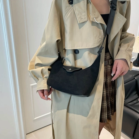 Vintage Minimalist Faux Suede Crossbody Bag Women Dumpling Half Moon Shape Shoulder Bag With Polyester Lining Adjustable Strap Daily Purse