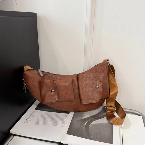 Vintage Women PU Leather Chest Bag Retro Solid Color Crossbody Waist Bag With Double Front Pockets Fashion Street Messenger Bag