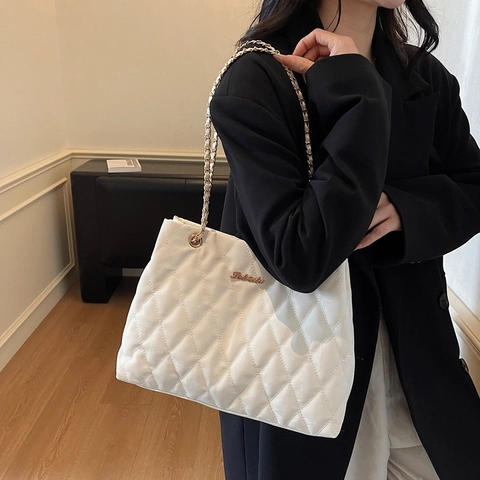 Grand Sac Fourre-tout Matelassé pour Femmes Mode Cuir PU Motif Losange Sac à Épaule avec Chaîne en Or Grande Capacité
