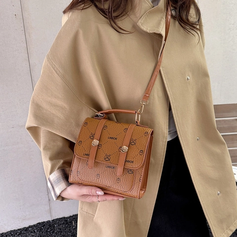 Women Mini Backpack PU Leather Crossbody Bag With Plush Bear Charm Cartoon Animal Print Lychee Pattern Preppy Style Handbag