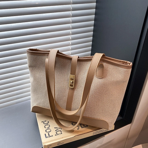 Dames Grote Capaciteit Mode Tote Bag Frans Retro PU Leer Canvas Patchwork Schoudertas Casual Woon-werkverkeer Handtas Met Metalen Gesp