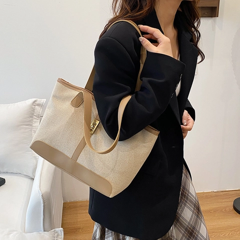 Dames Grote Capaciteit Mode Tote Bag Frans Retro PU Leer Canvas Patchwork Schoudertas Casual Woon-werkverkeer Handtas Met Metalen Gesp
