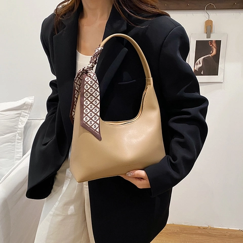 Women PU Leather Shoulder Bag Decorative Silk Scarf Zipper Closure Casual Hobo Crossbody Bag Vintage Commute Handbag