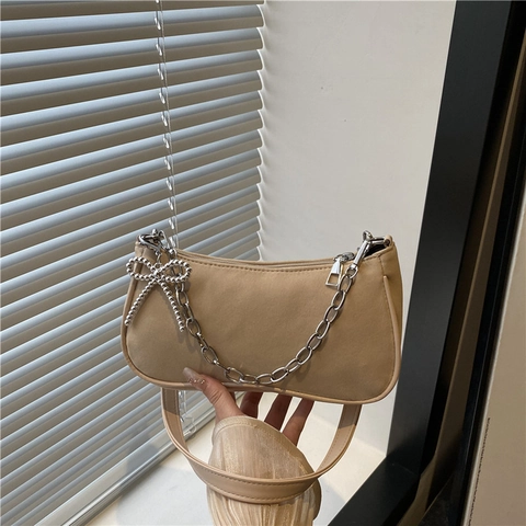 Bolso de Axila Vintage de Gamuza para Mujer Cadena de Plata Lazo Minimalista Bolso de Hombro Color Sólido Cremallera Bolso Cuadrado