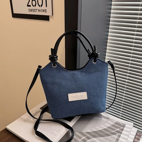 Bolso Bombonera de Mezclilla Vintage para Mujer Con Asa con Nudo Bloques de Color Bolso de Hombro Cruzado Moda Casual