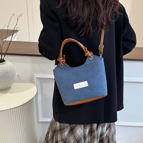 Bolso Bombonera de Mezclilla Vintage para Mujer Con Asa con Nudo Bloques de Color Bolso de Hombro Cruzado Moda Casual