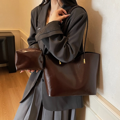 Ensemble de Sacs Cabas en Cuir PU Brillant pour Femmes Sac à Bandoulière Grande Capacité avec Pochette Sac à Main Design
