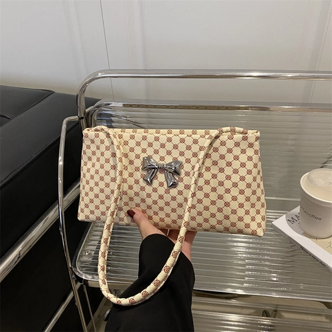Vintage Schleife Achseltasche Für Frauen Mode Monogramm Druck Schultertasche Stilvolle Kunstleder Handtasche Alltagstasche