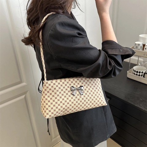 Vintage Schleife Achseltasche Für Frauen Mode Monogramm Druck Schultertasche Stilvolle Kunstleder Handtasche Alltagstasche