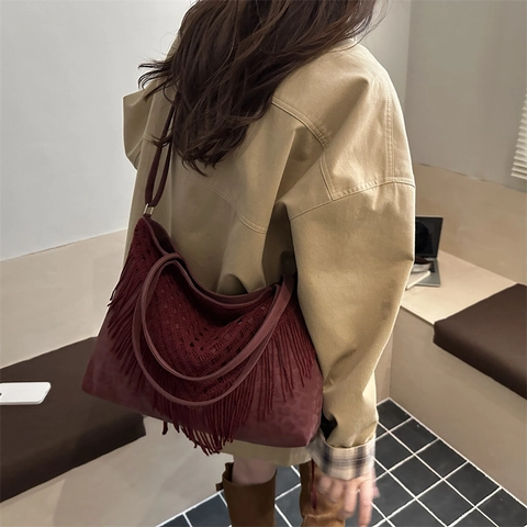 Borsa Tote Boema di Grande Capacità da Donna Vintage Design a Nappe Lavorate a Maglia Borsa a Tracolla in Ecopelle Casual