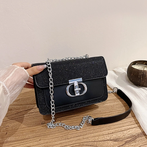 Bolso Bandolera de Cuero PU con Lentejuelas Brillantes para Mujer Bolso de Mano Cuadrado con Cadena de Metal para Fiesta Viaje Diario