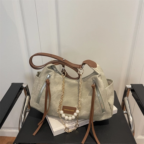 Borsa Tote da Donna in Tela Lavata Vintage a Grande Capacità Borsa a Spalla Con Catena di Perle Artificiali e Cinturino in Similpelle