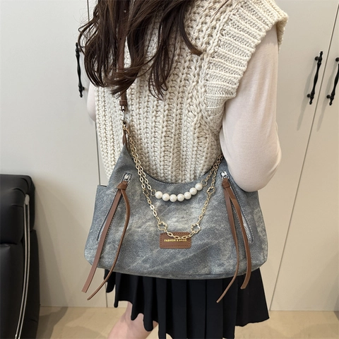 Borsa Tote da Donna in Tela Lavata Vintage a Grande Capacità Borsa a Spalla Con Catena di Perle Artificiali e Cinturino in Similpelle