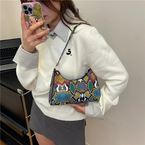 Damen Mehrfarbig Schlangenmuster Umhängetasche Retro PU Leder Baguette Tasche Casual Urban Minimalistisch Hobo Handtasche