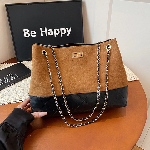 Vintage Gewatteerde Ketting Tote Bag Patchwork Suède PU Leer Grote Capaciteit Draaisluiting Schoudertas Voor Dames Mode Tas