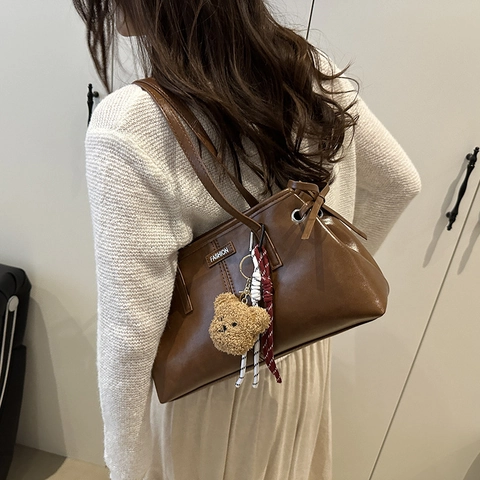 Borsa Tote in Pelle PU Vintage per Donna Borsa a Tracolla di Grande Capacità Con Ciondolo a Orsetto di Peluche