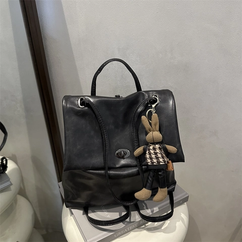 Zaino in Pelle PU Cerata Vintage per Donna Con Ciondolo a Coniglietto Versatile Pendolare Tinta Unita Borsa a Tracolla