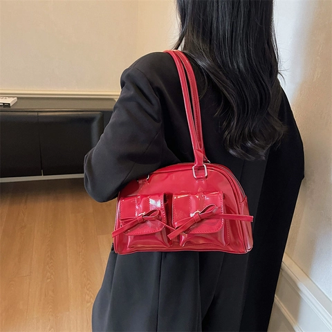 Bolso de Hombro Balletcore Lazo Brillante PU Gran Capacidad Y2K Retro Bolso de Axila para Mujer Color Sólido Bolso Diario