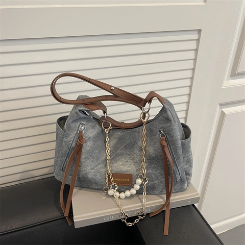Vintage Washed Fabric PU Leather Shoulder Bag For Women Large Capacity Tote With Artificial Pearl Chain Casual Daily Handbag