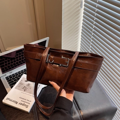Women Vintage PU Leather Underarm Bag With Belt Buckle Decor Solid Color Baguette Shoulder Bag For Daily Commute Office
